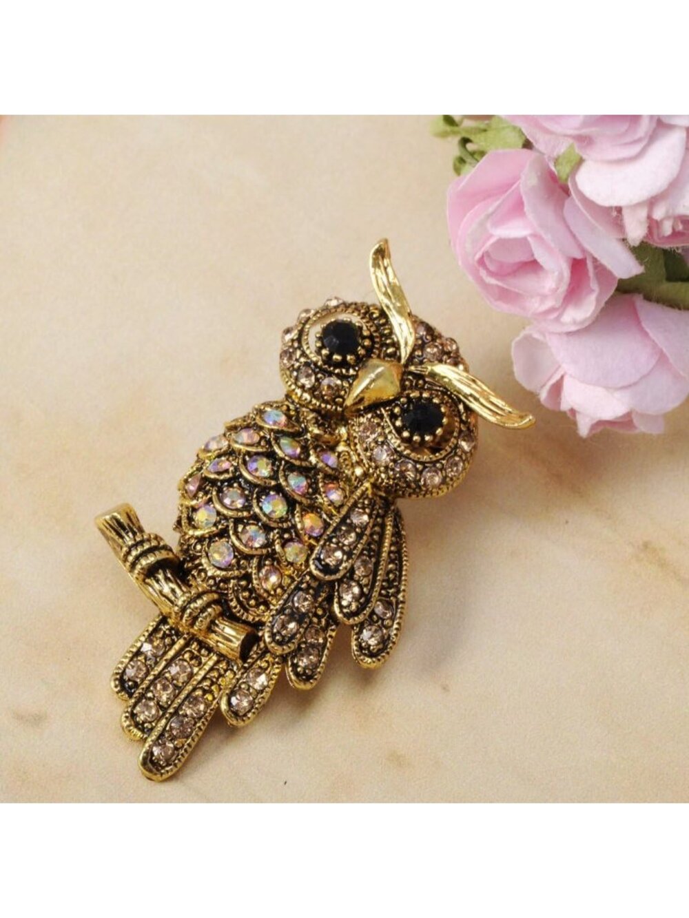 Antique Multicolored Crystal Rhinestone Perched Little Owl Branch Pin Brooch - Picture 2 of 6
